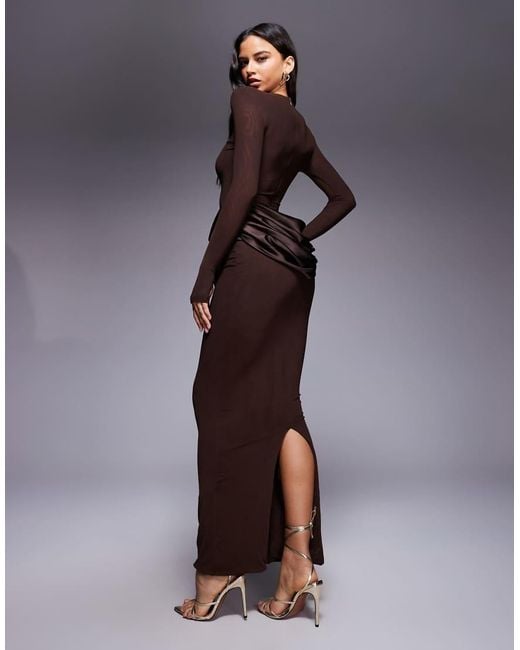 Wanderdoll Brown Wander Doll Eman Long Sleeve Slash Neck Satin Drape Waist Detail Bodycon Maxi Dress