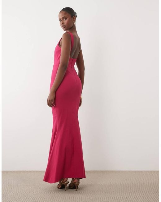 Vesper Pink Bengaline Square Neck Fishtail Maxi Dress
