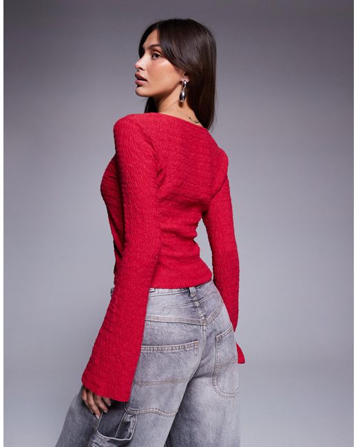 ASOS Red Scoop Neck Button Up Textu Top With Angel Sleeve
