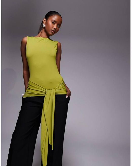 ASOS Green Polyamide Longline Tie Front Sleeveless Top