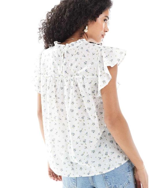 Vero Moda White High Neck Flutter Sleeved Embroidered Top