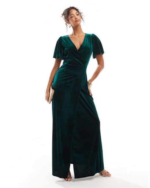 Maya Green Faux Wrap Velvet Bridesmaid Maxi Dress