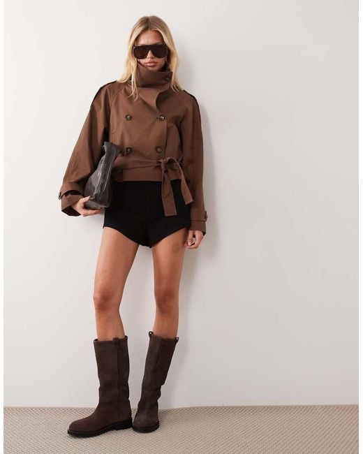Mango Brown Cropped Funnel Neck Belted Trench