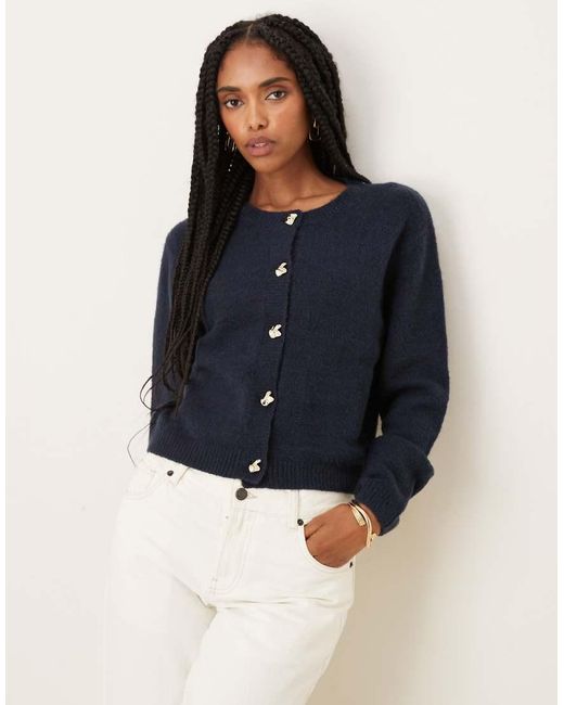 Brave Soul Blue Crew Neck Cardigan With Contrast Buttons