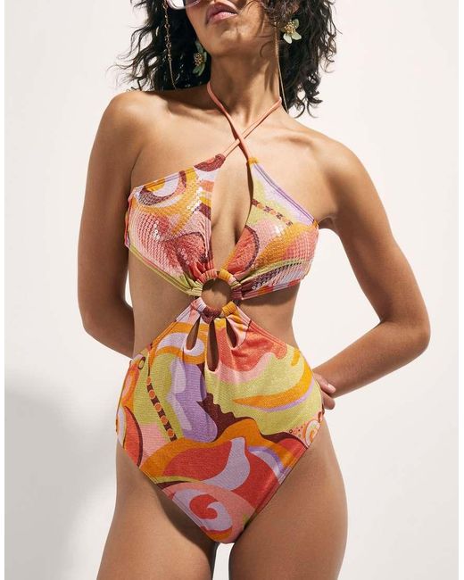River Island Orange Swirl Glitter Swimsuit