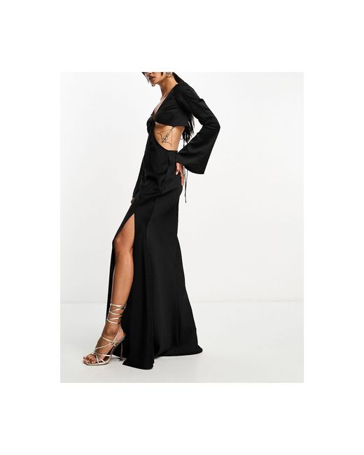 ASOS Black Satin Flare Sleeve Cut Out Maxi Dress