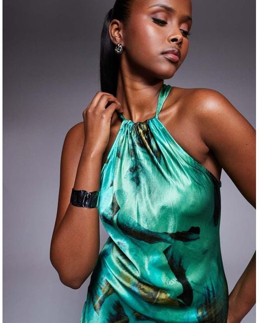 River Island Satijnen Maxi Jurk Met Halternek in het Green