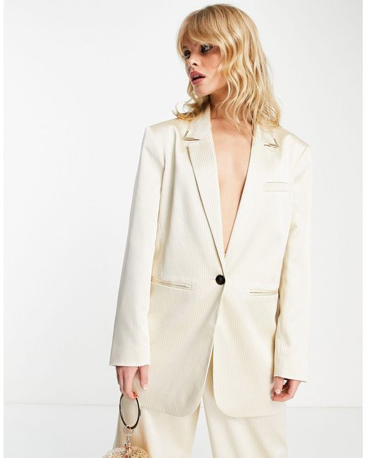 ASOS Pinstripe Satin Suit Oversized Dad Blazer in White | Lyst UK