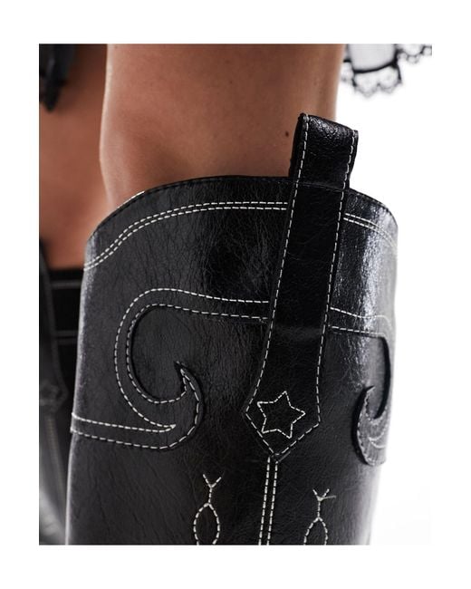Public Desire Black Serpentine Western Boot With Embroidery