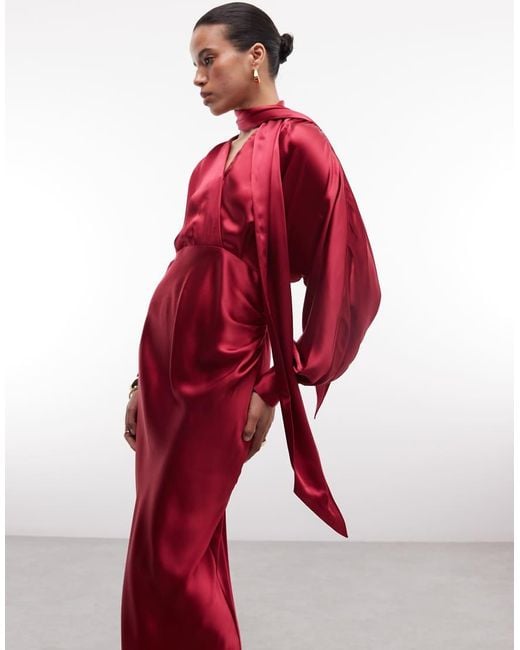 & Other Stories Red Satin Maxi Dress With Volume Sleeves And Detachable Scarf