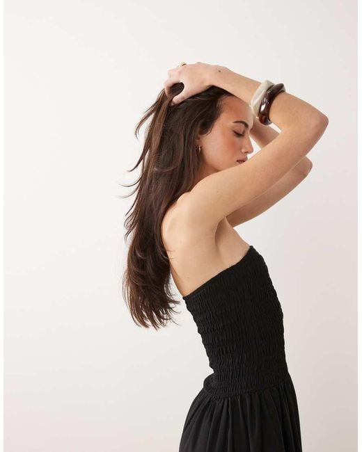 Brave Soul Black Strapless Midi Dress With Shirred Bodice
