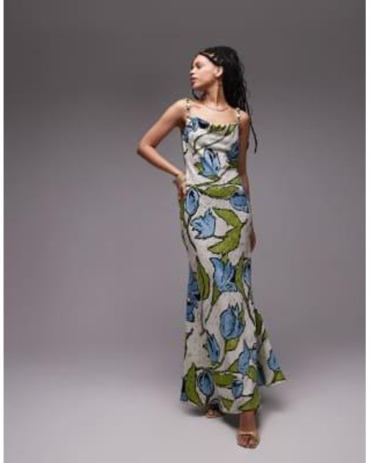 Robe nuisette mi-longue à col bénitier et perles aux bretelles - bleu fleuri TOPSHOP en coloris Gray