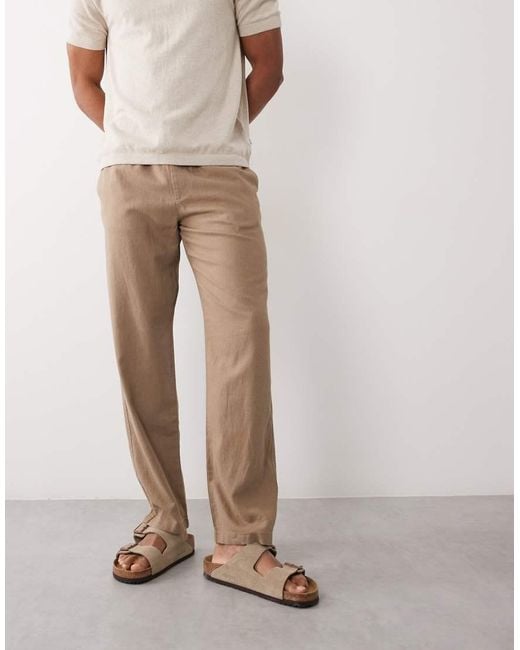Threadbare Natural Pull On Linen Look Straight Fit Trousers for men
