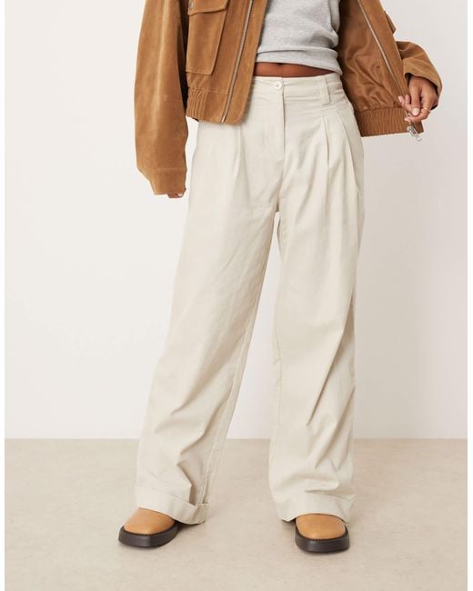 ASOS Natural Asos Design Petite Cuffed Hem Wide Leg Corduroy Pants