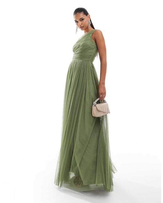 LACE & BEADS Green Bridesmaid One Shoulder Tulle Maxi Dress