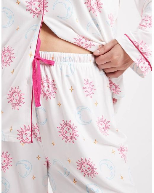 Loungeable White Curve Super Soft Jersey Revere Top And Wide Leg Pyjama Set