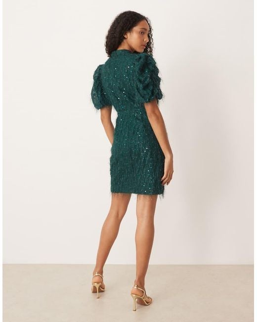 Y.A.S Green Fluffy Textured Sequin Mini Dress