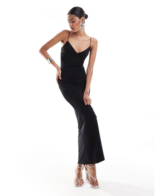 Bershka Black Thin Strap Bow Detail Bodycon Maxi Dress