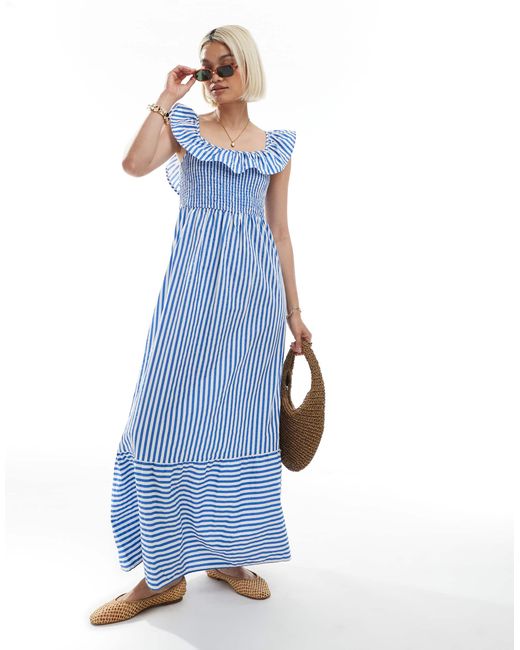 Vero Moda Blue Shirred Bodice Maxi Dress With Frill Sleeve Detail
