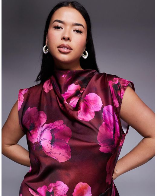 Asos design curve - robe mi-longue en satin avec col montant et corsage plissé - imprimé fleurs rose foncé ASOS en coloris Red