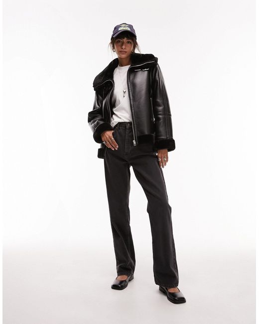 TOPSHOP White Faux Leather Shearling Zip Front Oversized Aviator Jacket With Double Collar Detail
