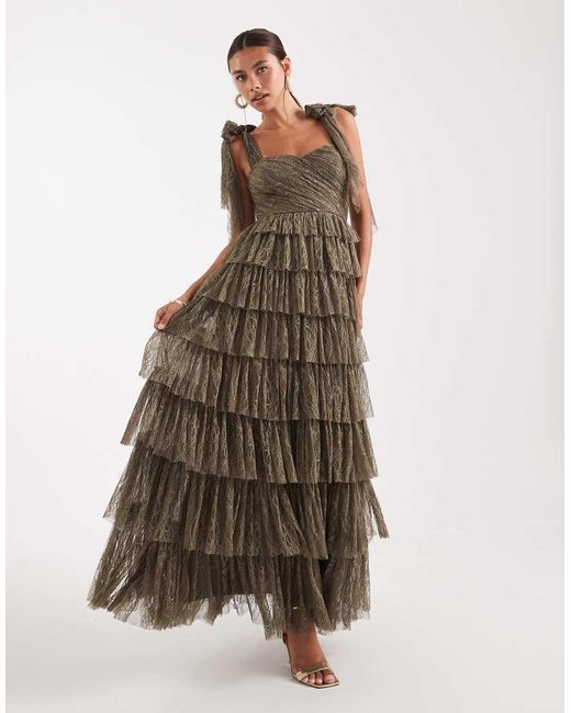 LACE & BEADS Natural Lace Bow Shoulder Tiered Maxi Dress