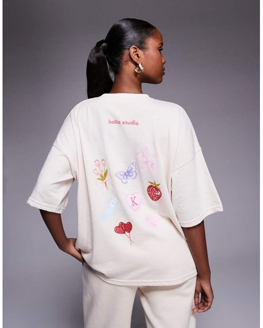 Kaiia Gray Embroidered Logo Sweethearts Sticker Back Graphic Oversized T-shirt Co-ord
