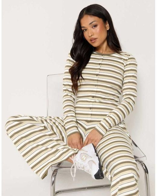 PixieGirl Natural Petite Stripe Cotton Button Top & Wide Leg Trousers