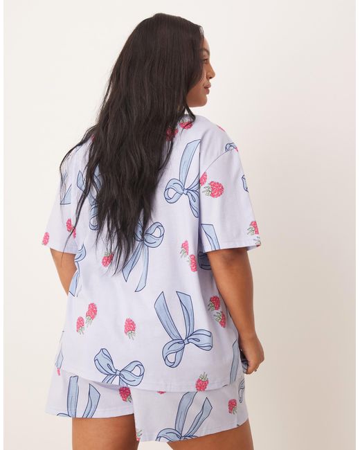 ASOS Blue Asos Design Curve Bow & Berry Oversized Tee & Shorts Pyjama Set