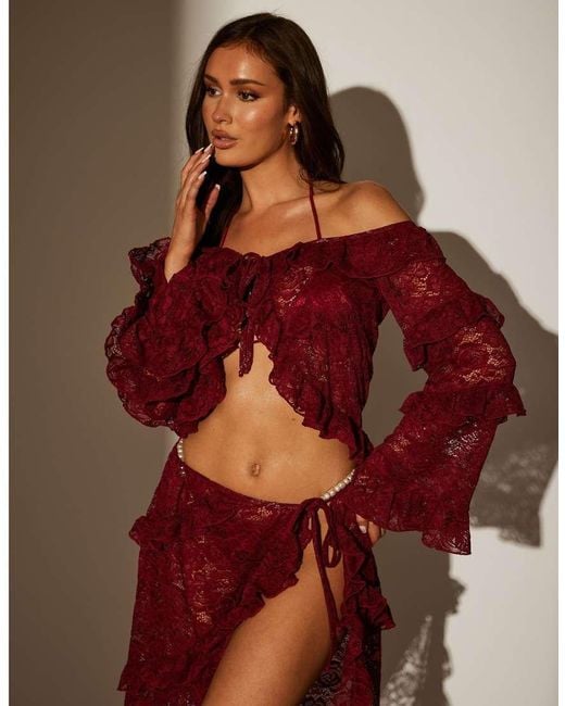 South Beach Red Lace Off Shoulder Ruffle Top