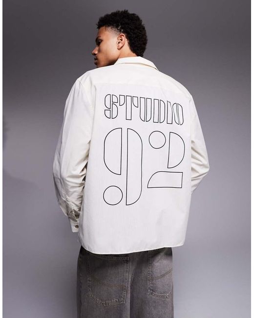 ASOS Gray Relaxed Revere Shirt With Back And Pocket Embroidery for men