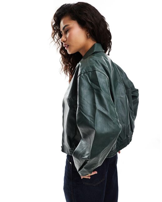 Moon River Blue Short Leather Bomber Jacket With Collar