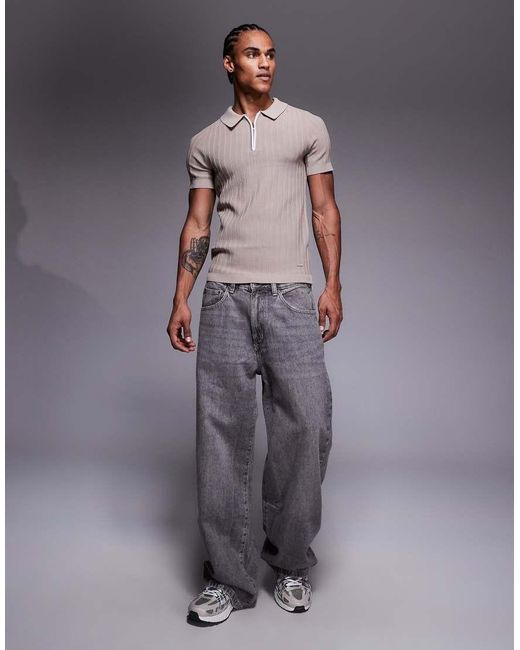 River Island Gray Ribbed Muscle Fit Polo Shirt for men