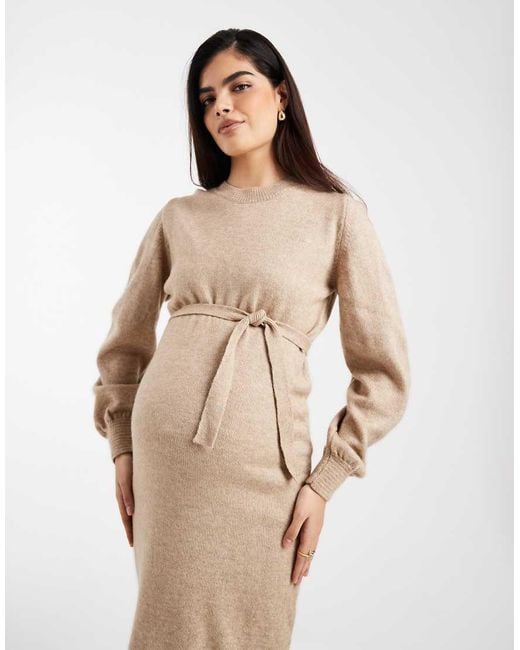 Mama.licious Natural Mamalicious Maternity Knitted Belted Blouson Sleeve Maxi Dress