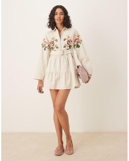 ASOS Natural Heavy Twill Belted Mini Shirt Dress With Tiered Skirt
