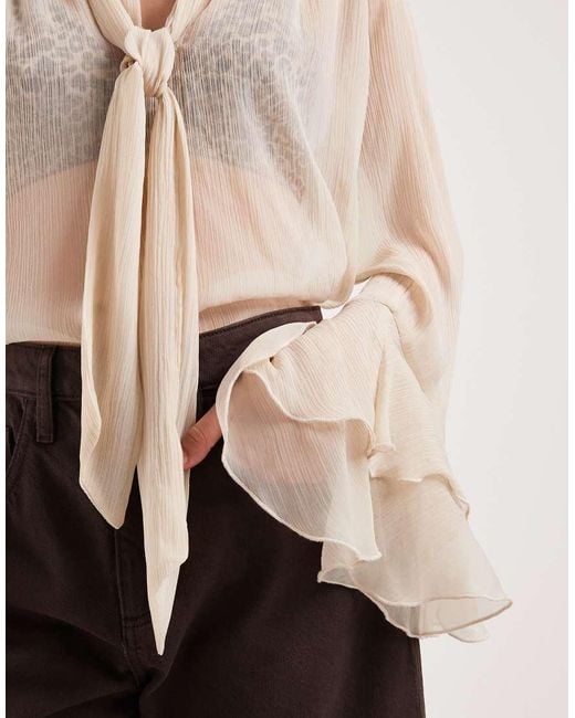 ONLY Natural High Neck Tie Detail Sheer Blouse With Frill Sleeves