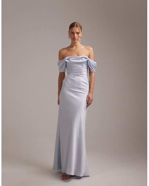ASOS Blue Bridesmaids Bardot Satin Maxi Dress