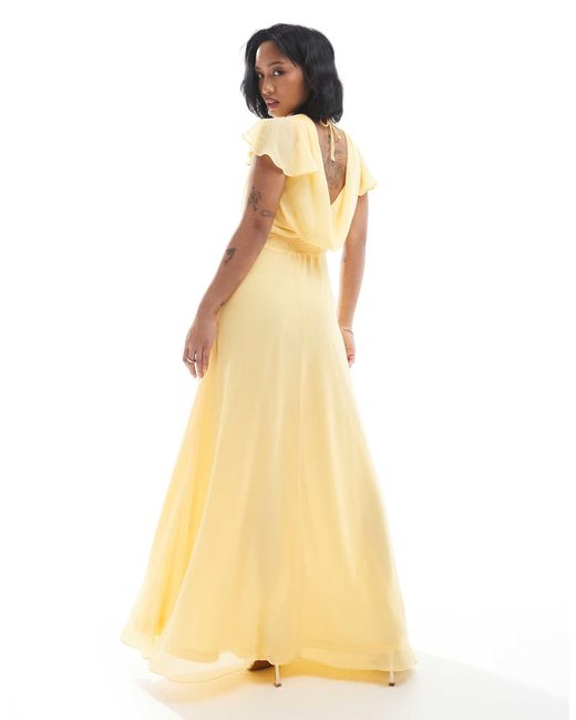 TFNC London Yellow Bridesmaid Flutter Sleeve Cowl Back Chiffon Maxi Dress