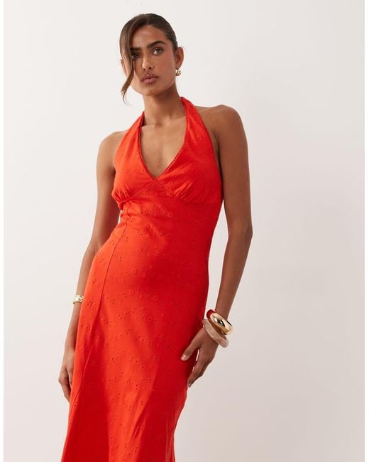 ASOS Red Broderie Halter Midi Dress