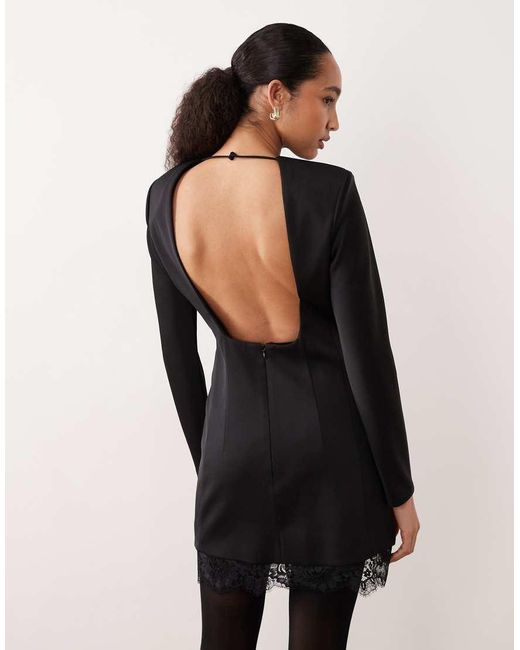 Mango Black Long Sleeve Mini Dress With Lace Hem