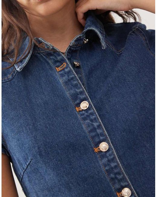 Lioness Blue Varsity S Collar Detail Short Sleeve Contrast Stitch Denim Shirt