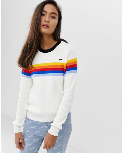 Lacoste White – Gestreifter Pullover mit Regenbogenstreifen und Logomotiv