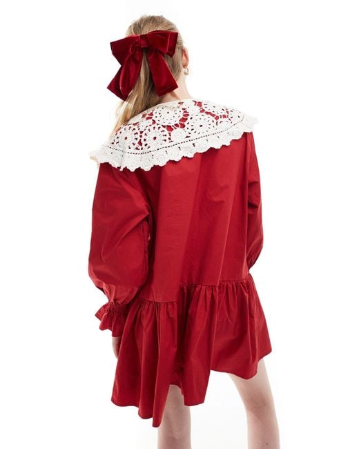 Sister Jane Red Drop Hem Detachable Lace Collar Mini Dress