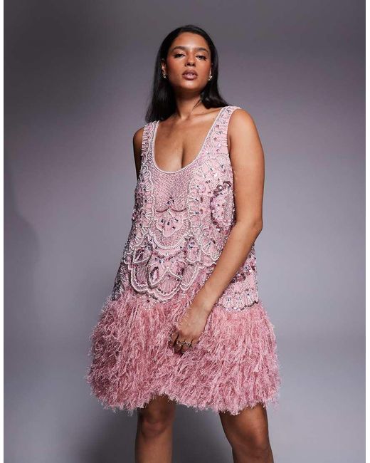 ASOS Pink Curve Embellished Scoop Neck Mini Dress With Faux Feather Hem