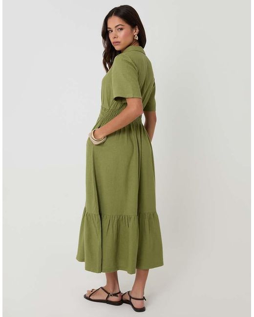 Threadbare Green Tiered Linen Blend V Neck Maxi Dress