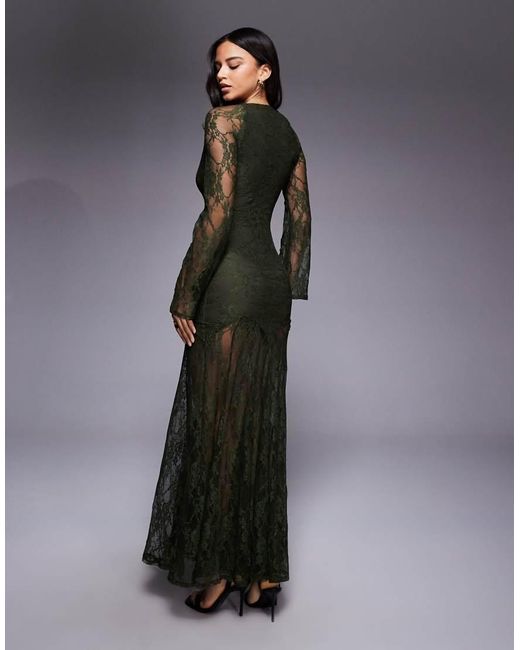 ASOS Gray Lace Long Sleeve Dropped Waist Maxi Dress