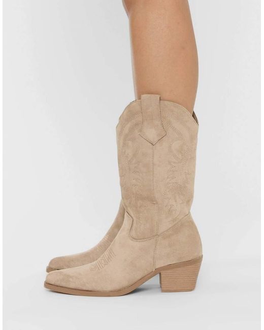 Public Desire Natural Sandy Suedette Western Cowboy Ankle Boots