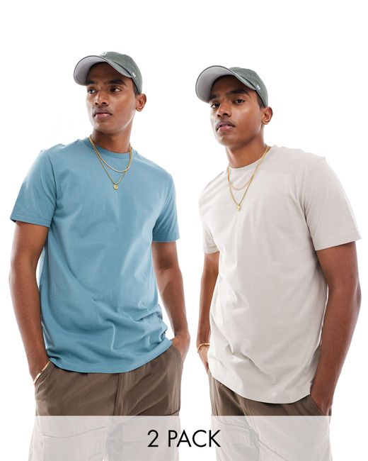 Confezione da 2 t-shirt girocollo beige e blu di ASOS in Blue da Uomo