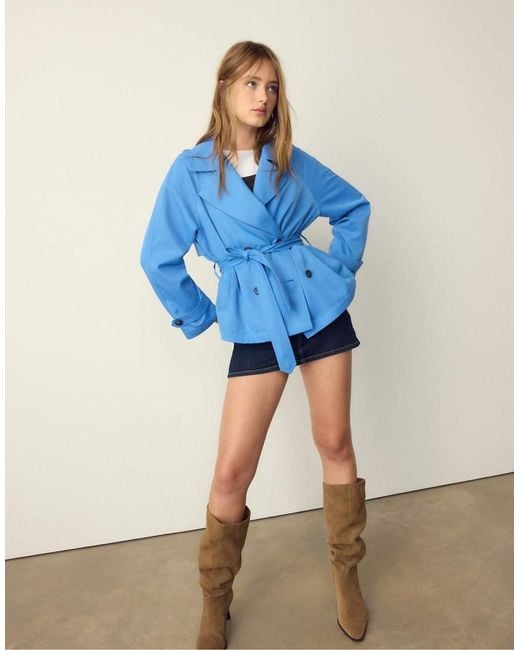 Stradivarius Blue Short Flowing Trench Coat With Belt