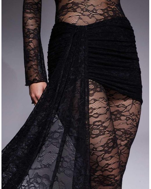 Wanderdoll Black Roxy Sheer Lace High Neck Drape Waist Detail Wide Leg Jumpsuit